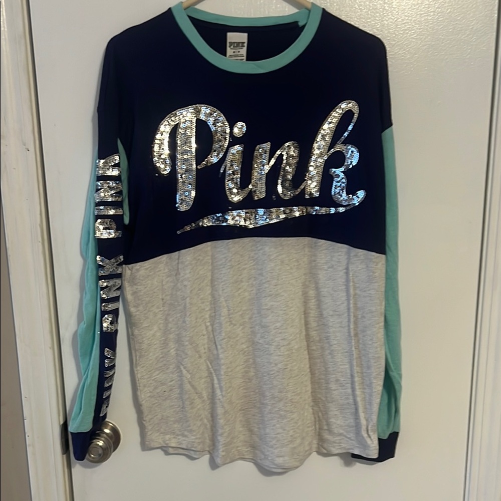 PINK Victoria's Secret Blue and Green Long Sleeve Tee